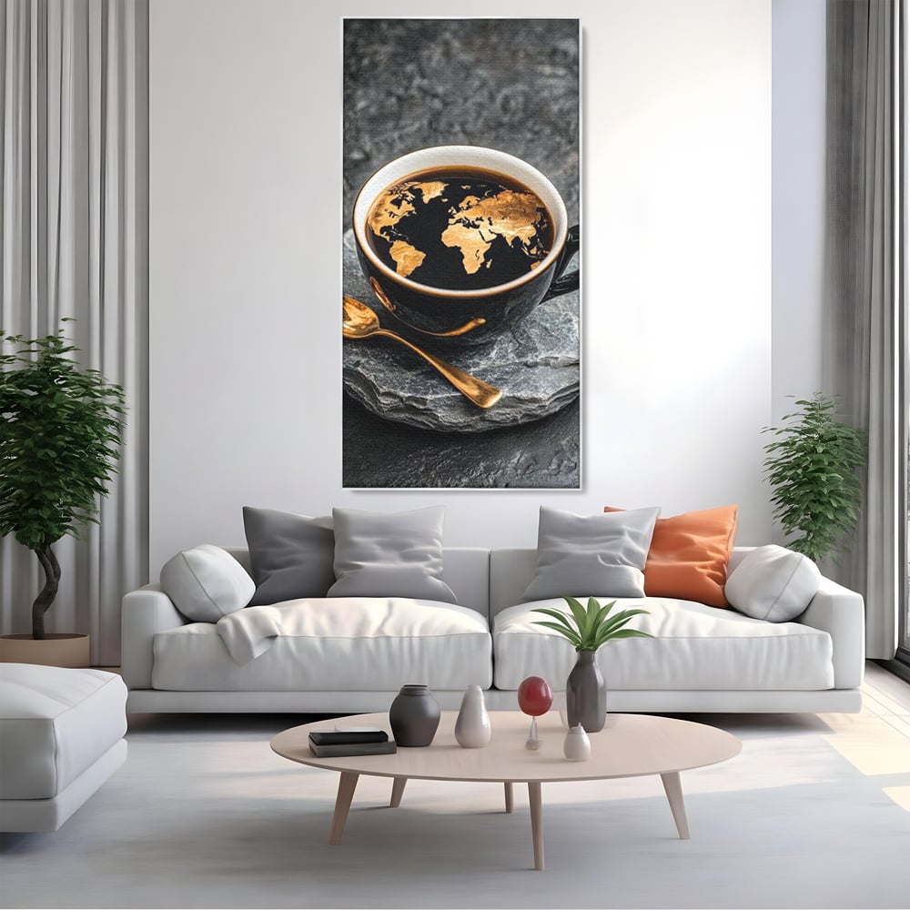 Tablou Canvas Premium, LuxCanva® N1020, Harta de Aur, Cafea, Espresso, Harta Lumii, Auriu, Negru, Aroma, Continente, Elegant, Lux, Pub, Lounge, Bar, Restaurant, Bucatarie