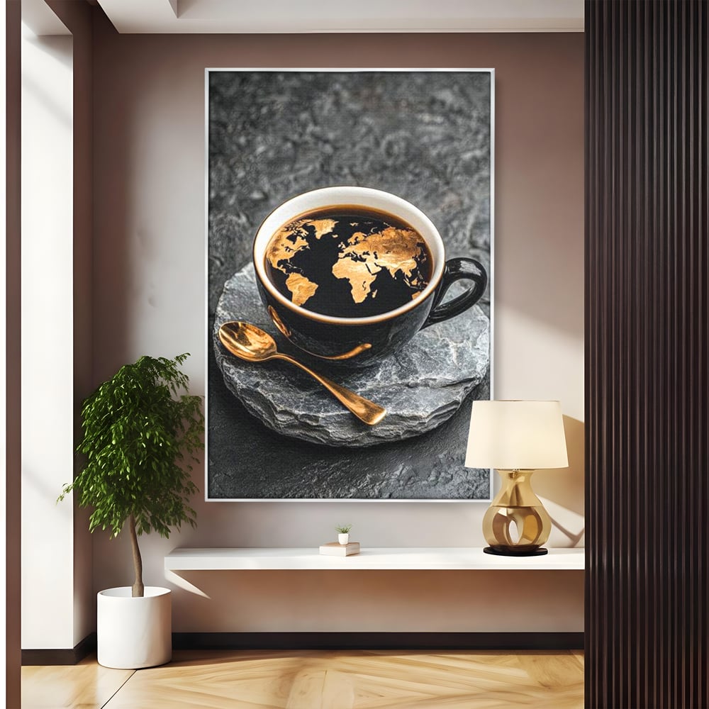 Tablou Canvas Premium, LuxCanva® N1020, Harta de Aur, Cafea, Espresso, Harta Lumii, Auriu, Negru, Aroma, Continente, Elegant, Lux, Pub, Lounge, Bar, Restaurant, Bucatarie