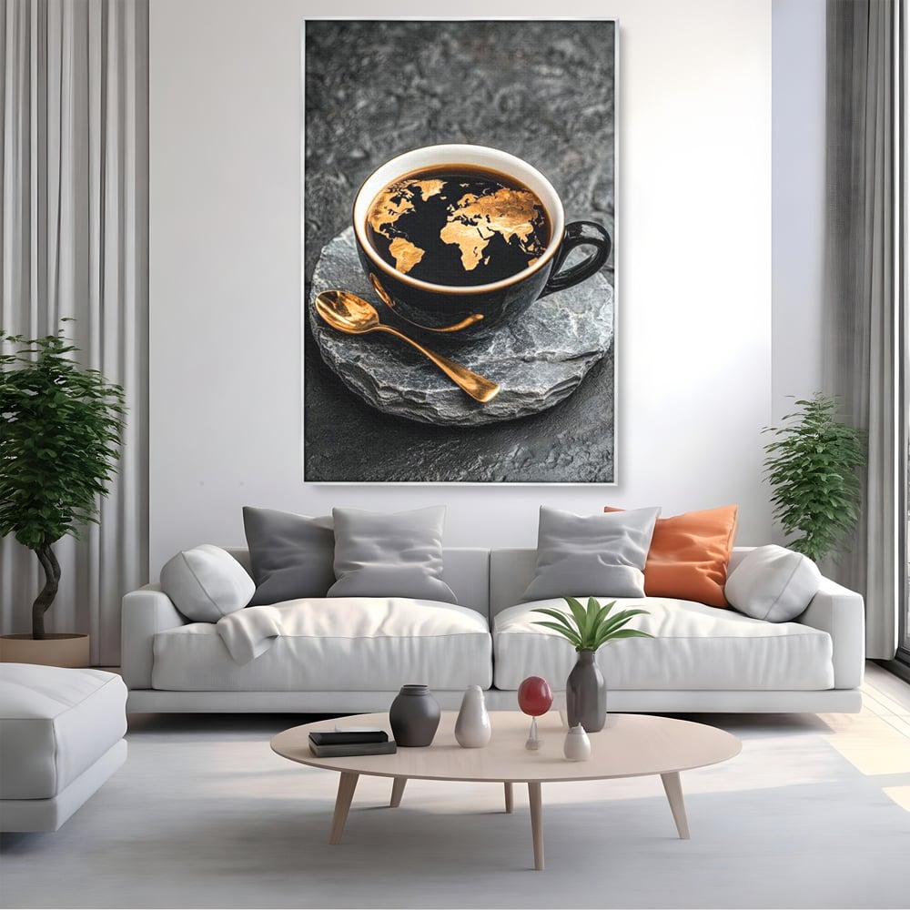 Tablou Canvas Premium, LuxCanva® N1020, Harta de Aur, Cafea, Espresso, Harta Lumii, Auriu, Negru, Aroma, Continente, Elegant, Lux, Pub, Lounge, Bar, Restaurant, Bucatarie