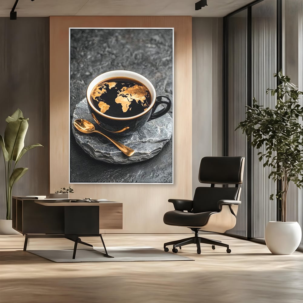 Tablou Canvas Premium, LuxCanva® N1020, Harta de Aur, Cafea, Espresso, Harta Lumii, Auriu, Negru, Aroma, Continente, Elegant, Lux, Pub, Lounge, Bar, Restaurant, Bucatarie