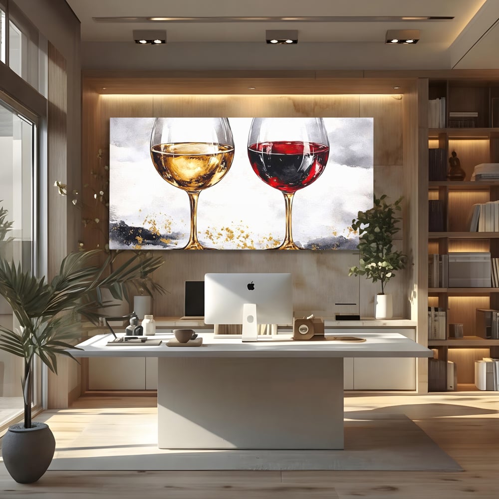 Tablou Canvas Premium, LuxCanva® N1022, Aur si Rubin, Vin Rosu, Bautura, Pahare, Auriu, Lux, Rafinament, Romantic, Modern, Pereche, Intalnire, Pub, Lounge, Bar, Restaurant, Bucatarie