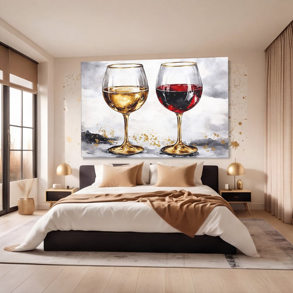 Tablou Canvas Premium, LuxCanva® N1022, Aur si Rubin, Vin Rosu, Bautura, Pahare, Auriu, Lux, Rafinament, Romantic, Modern, Pereche, Intalnire, Pub, Lounge, Bar, Restaurant, Bucatarie
