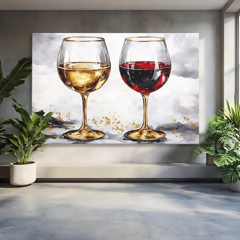 Tablou Canvas Premium, LuxCanva® N1022, Aur si Rubin, Vin Rosu, Bautura, Pahare, Auriu, Lux, Rafinament, Romantic, Modern, Pereche, Intalnire, Pub, Lounge, Bar, Restaurant, Bucatarie