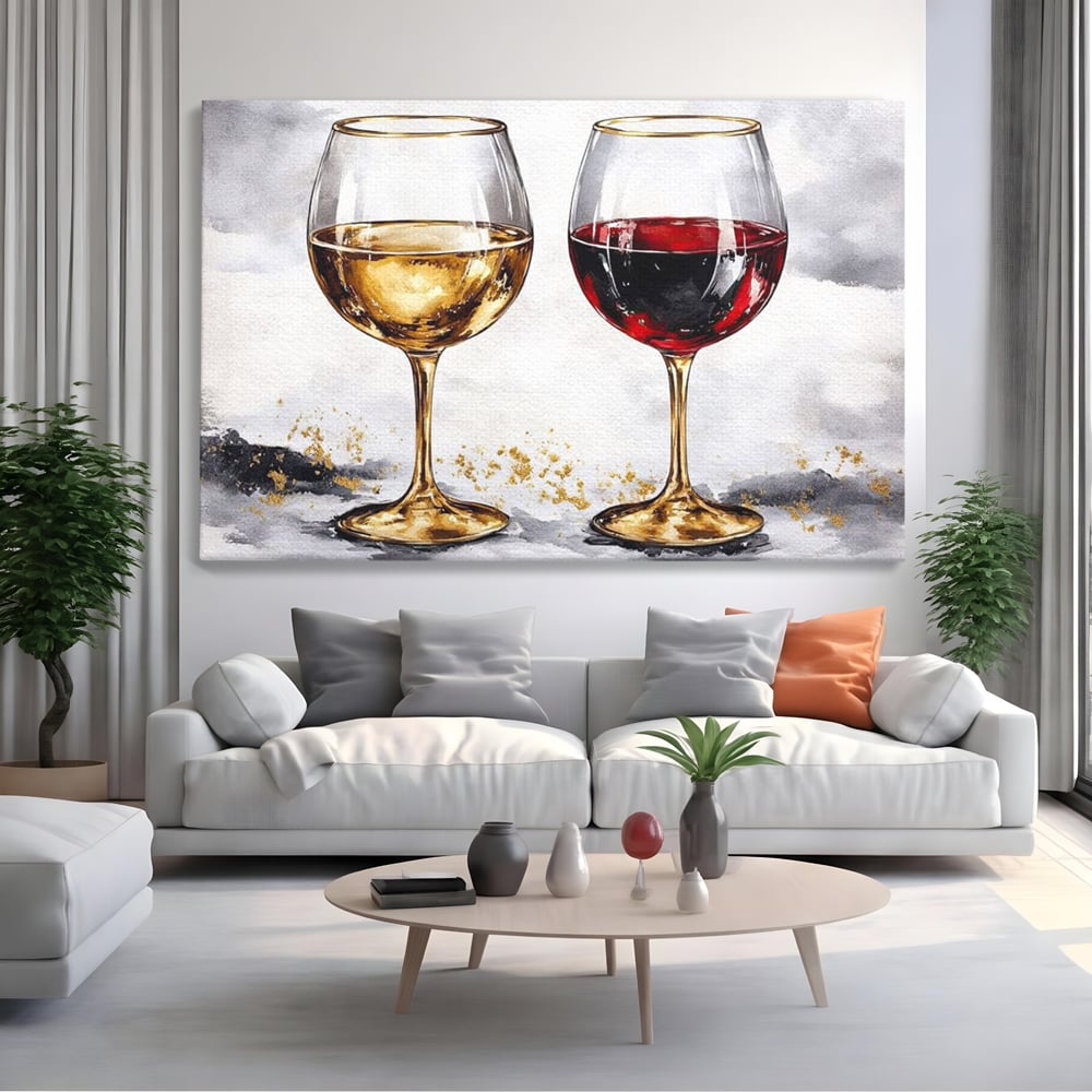 Tablou Canvas Premium, LuxCanva® N1022, Aur si Rubin, Vin Rosu, Bautura, Pahare, Auriu, Lux, Rafinament, Romantic, Modern, Pereche, Intalnire, Pub, Lounge, Bar, Restaurant, Bucatarie