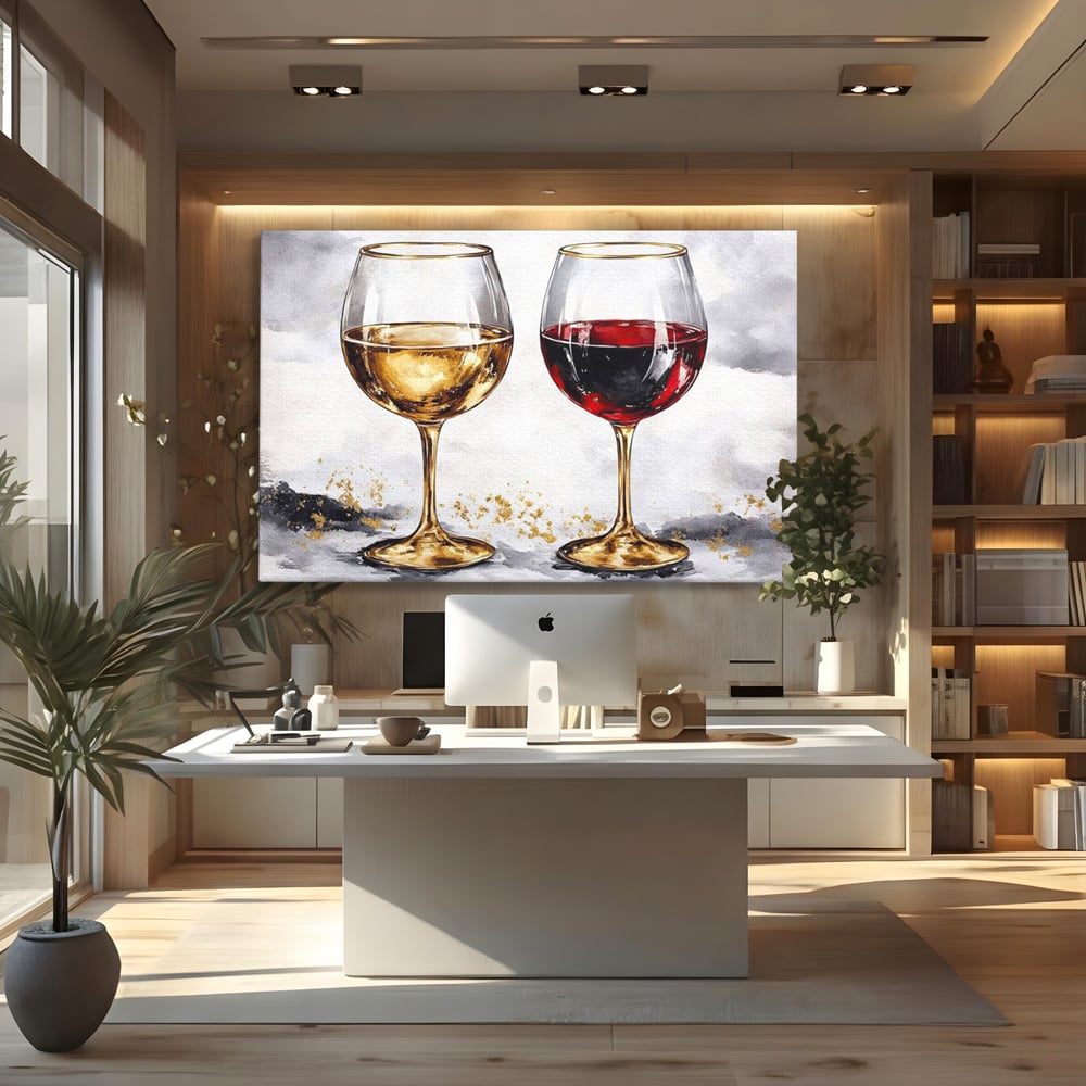 Tablou Canvas Premium, LuxCanva® N1022, Aur si Rubin, Vin Rosu, Bautura, Pahare, Auriu, Lux, Rafinament, Romantic, Modern, Pereche, Intalnire, Pub, Lounge, Bar, Restaurant, Bucatarie