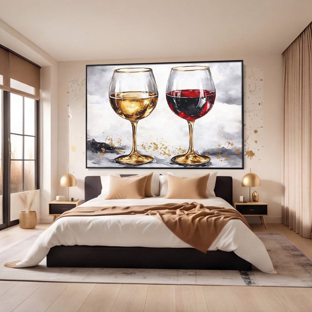 Tablou Canvas Premium, LuxCanva® N1022, Aur si Rubin, Vin Rosu, Bautura, Pahare, Auriu, Lux, Rafinament, Romantic, Modern, Pereche, Intalnire, Pub, Lounge, Bar, Restaurant, Bucatarie