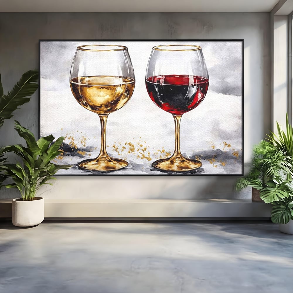Tablou Canvas Premium, LuxCanva® N1022, Aur si Rubin, Vin Rosu, Bautura, Pahare, Auriu, Lux, Rafinament, Romantic, Modern, Pereche, Intalnire, Pub, Lounge, Bar, Restaurant, Bucatarie