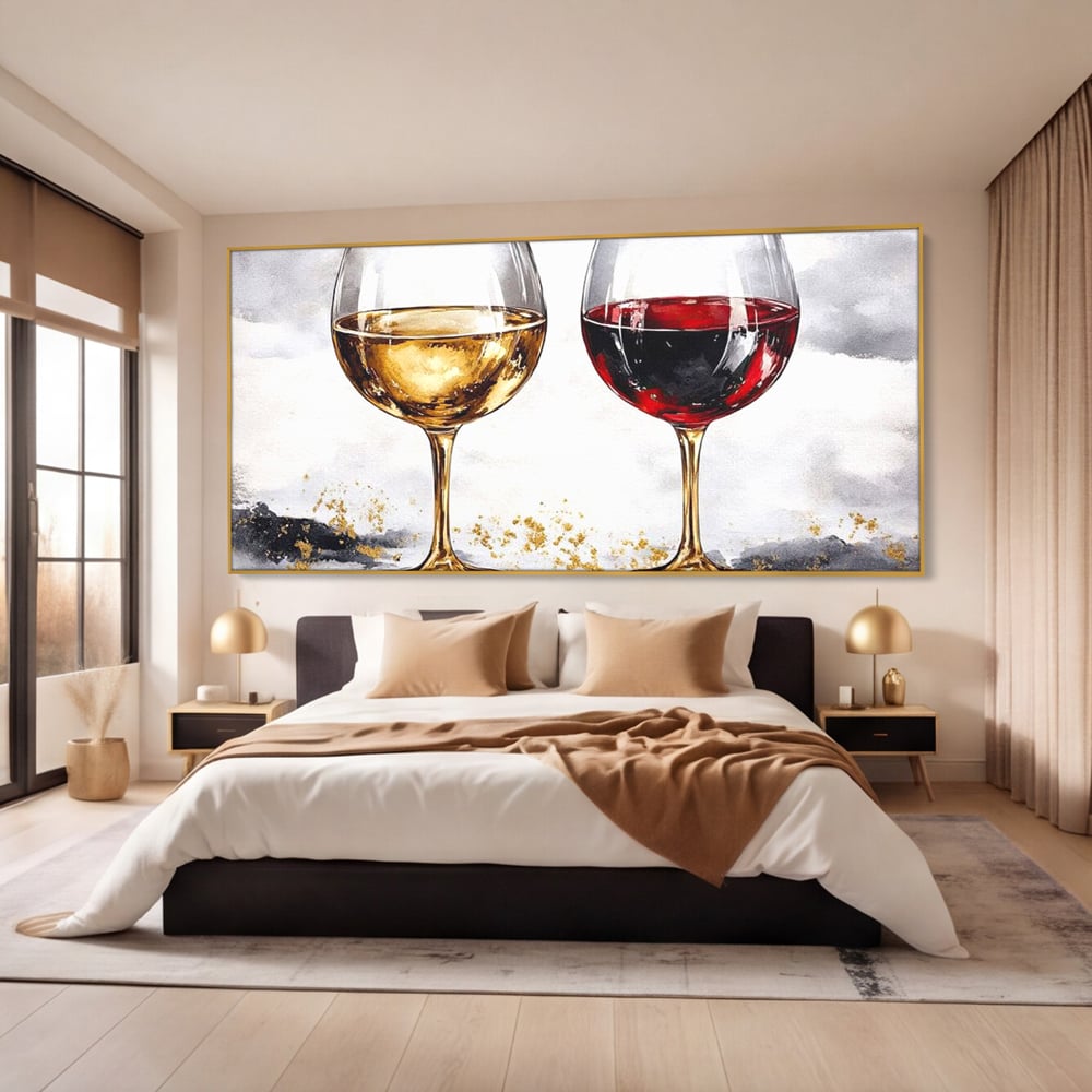 Tablou Canvas Premium, LuxCanva® N1022, Aur si Rubin, Vin Rosu, Bautura, Pahare, Auriu, Lux, Rafinament, Romantic, Modern, Pereche, Intalnire, Pub, Lounge, Bar, Restaurant, Bucatarie