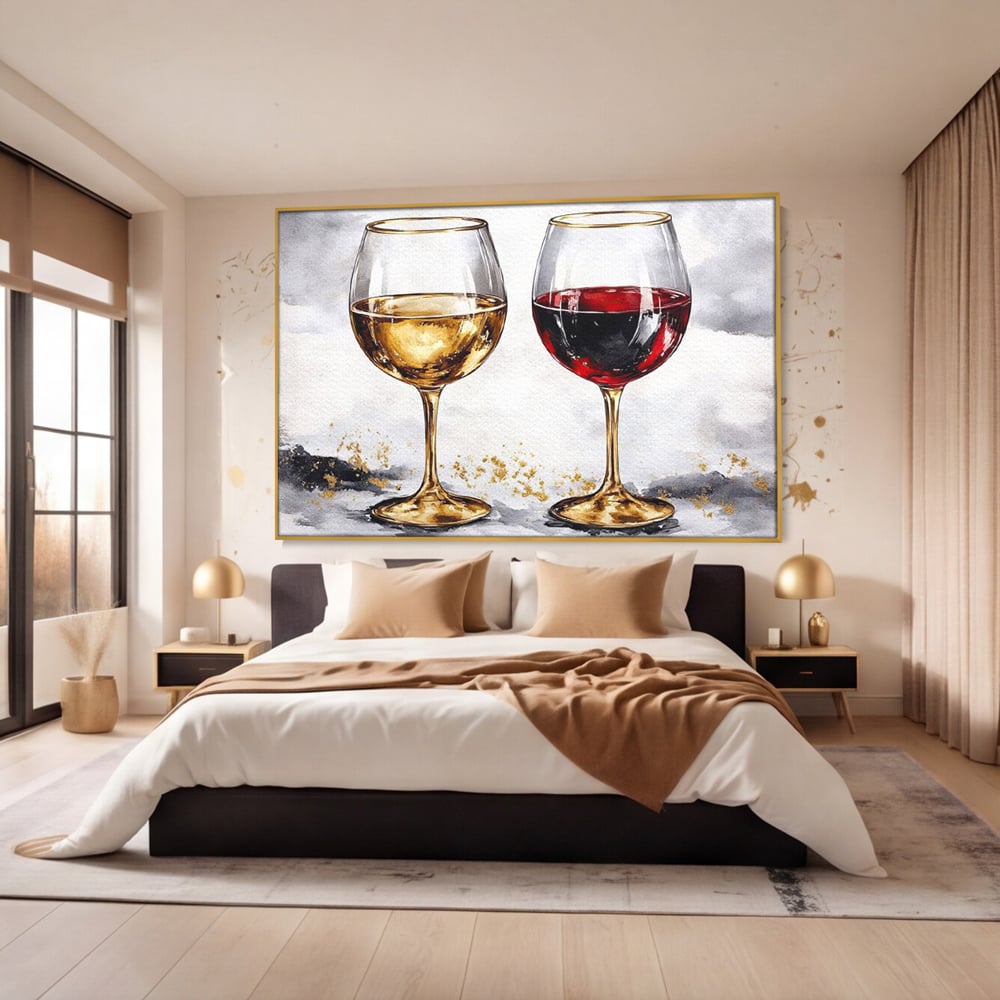 Tablou Canvas Premium, LuxCanva® N1022, Aur si Rubin, Vin Rosu, Bautura, Pahare, Auriu, Lux, Rafinament, Romantic, Modern, Pereche, Intalnire, Pub, Lounge, Bar, Restaurant, Bucatarie