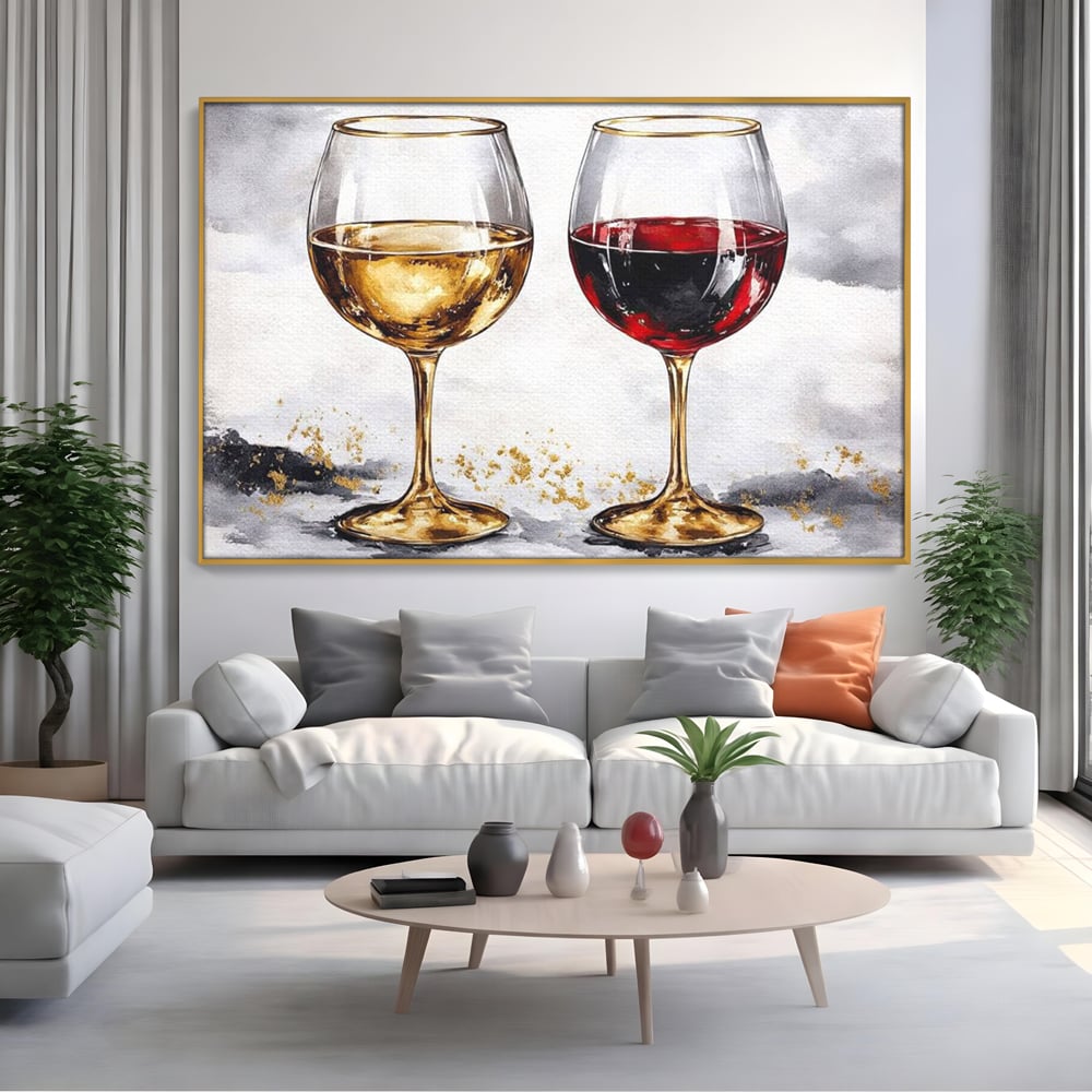 Tablou Canvas Premium, LuxCanva® N1022, Aur si Rubin, Vin Rosu, Bautura, Pahare, Auriu, Lux, Rafinament, Romantic, Modern, Pereche, Intalnire, Pub, Lounge, Bar, Restaurant, Bucatarie