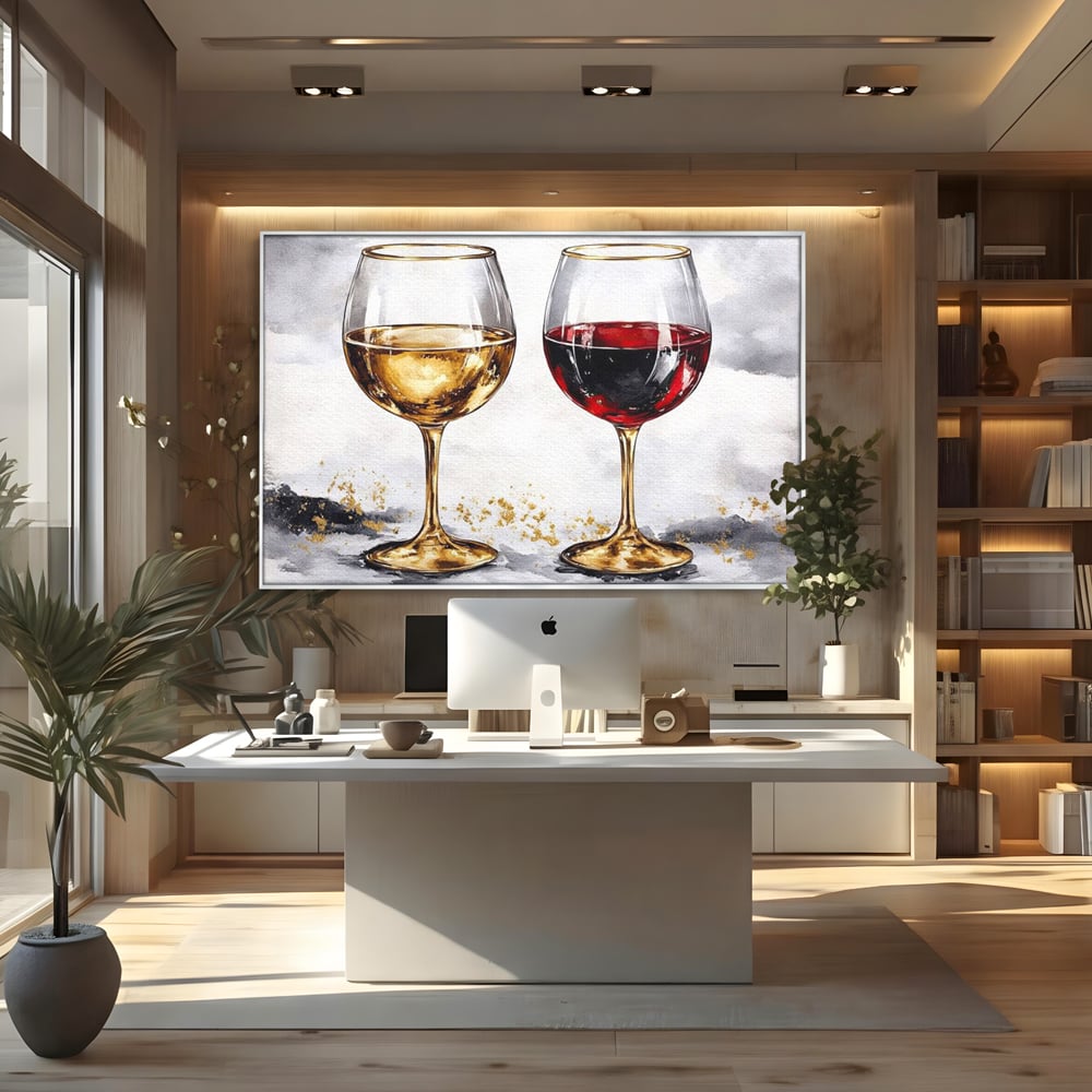 Tablou Canvas Premium, LuxCanva® N1022, Aur si Rubin, Vin Rosu, Bautura, Pahare, Auriu, Lux, Rafinament, Romantic, Modern, Pereche, Intalnire, Pub, Lounge, Bar, Restaurant, Bucatarie