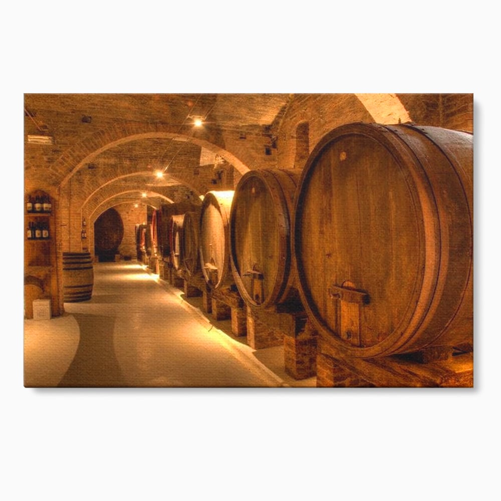 Leinwand Wandkunst Canvas Premium, LuxCanva® N1023, Verborgener Schatz, Keller, Fässer, Holz, Rustikal, Wein, Trinken, Tradition, Weinkeller, Alt, Verkostung, Kneipe, Lounge, Bar, Restaurant, Küche
