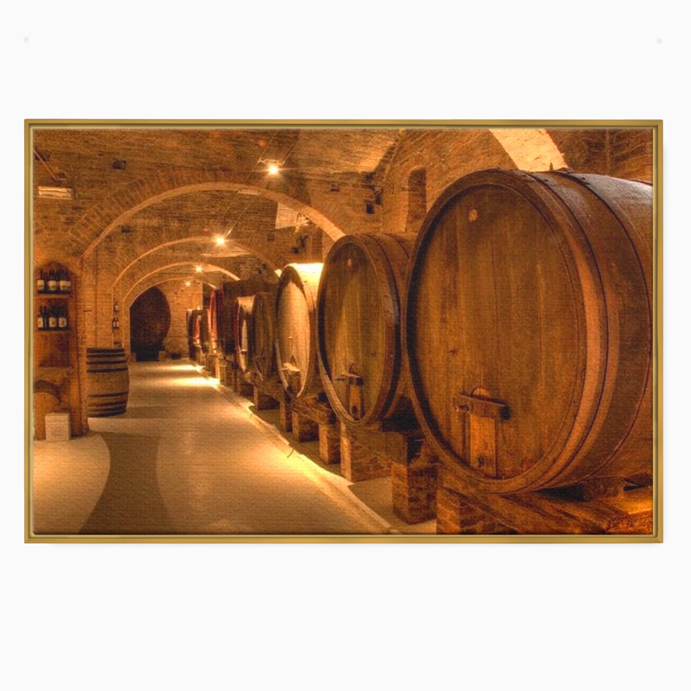 Leinwand Wandkunst Canvas Premium, LuxCanva® N1023, Verborgener Schatz, Keller, Fässer, Holz, Rustikal, Wein, Trinken, Tradition, Weinkeller, Alt, Verkostung, Kneipe, Lounge, Bar, Restaurant, Küche