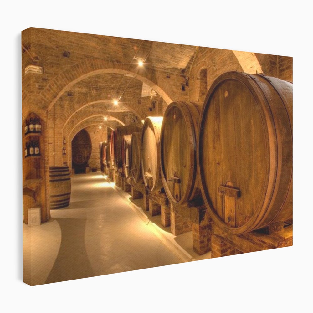 Leinwand Wandkunst Canvas Premium, LuxCanva® N1023, Verborgener Schatz, Keller, Fässer, Holz, Rustikal, Wein, Trinken, Tradition, Weinkeller, Alt, Verkostung, Kneipe, Lounge, Bar, Restaurant, Küche