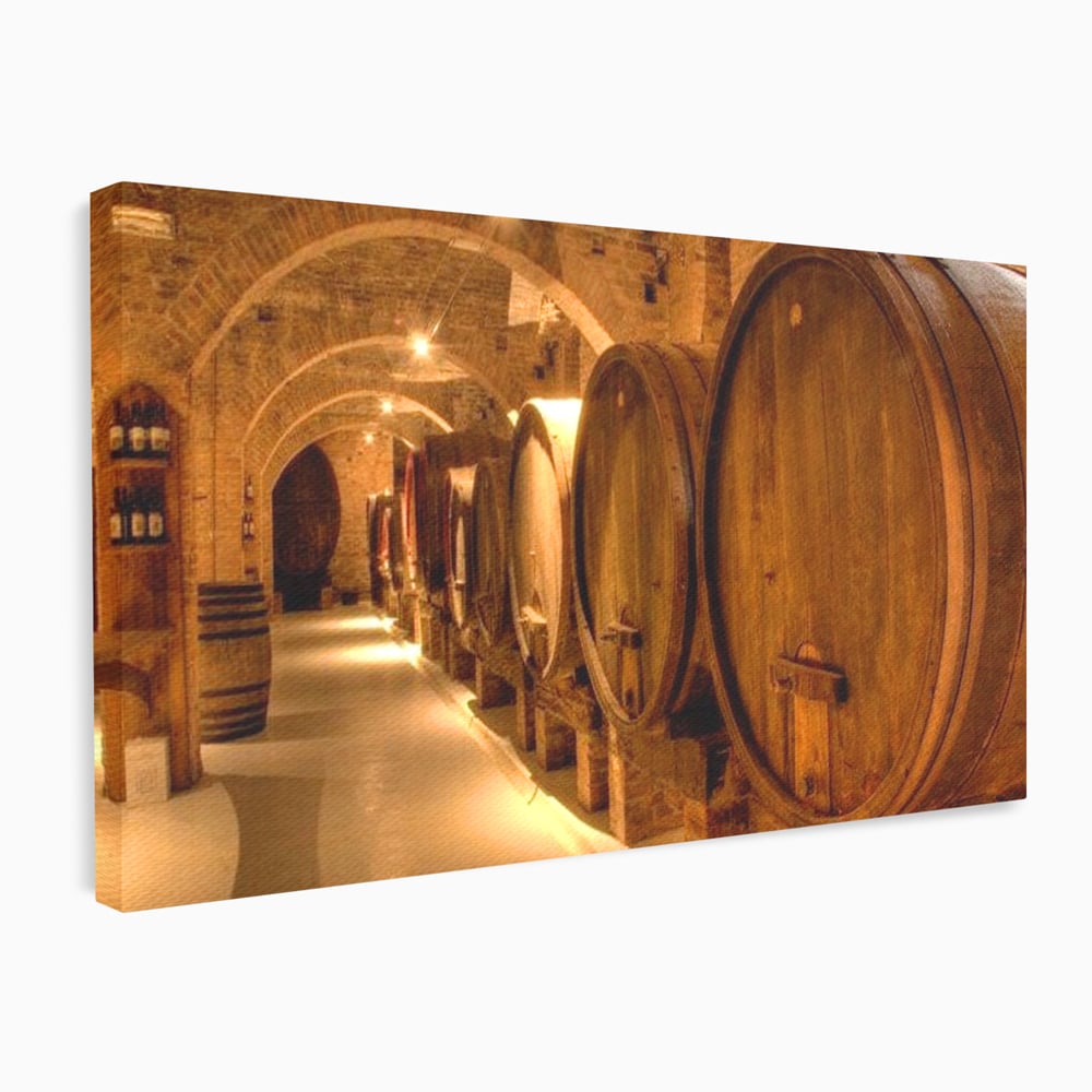Leinwand Wandkunst Canvas Premium, LuxCanva® N1023, Verborgener Schatz, Keller, Fässer, Holz, Rustikal, Wein, Trinken, Tradition, Weinkeller, Alt, Verkostung, Kneipe, Lounge, Bar, Restaurant, Küche