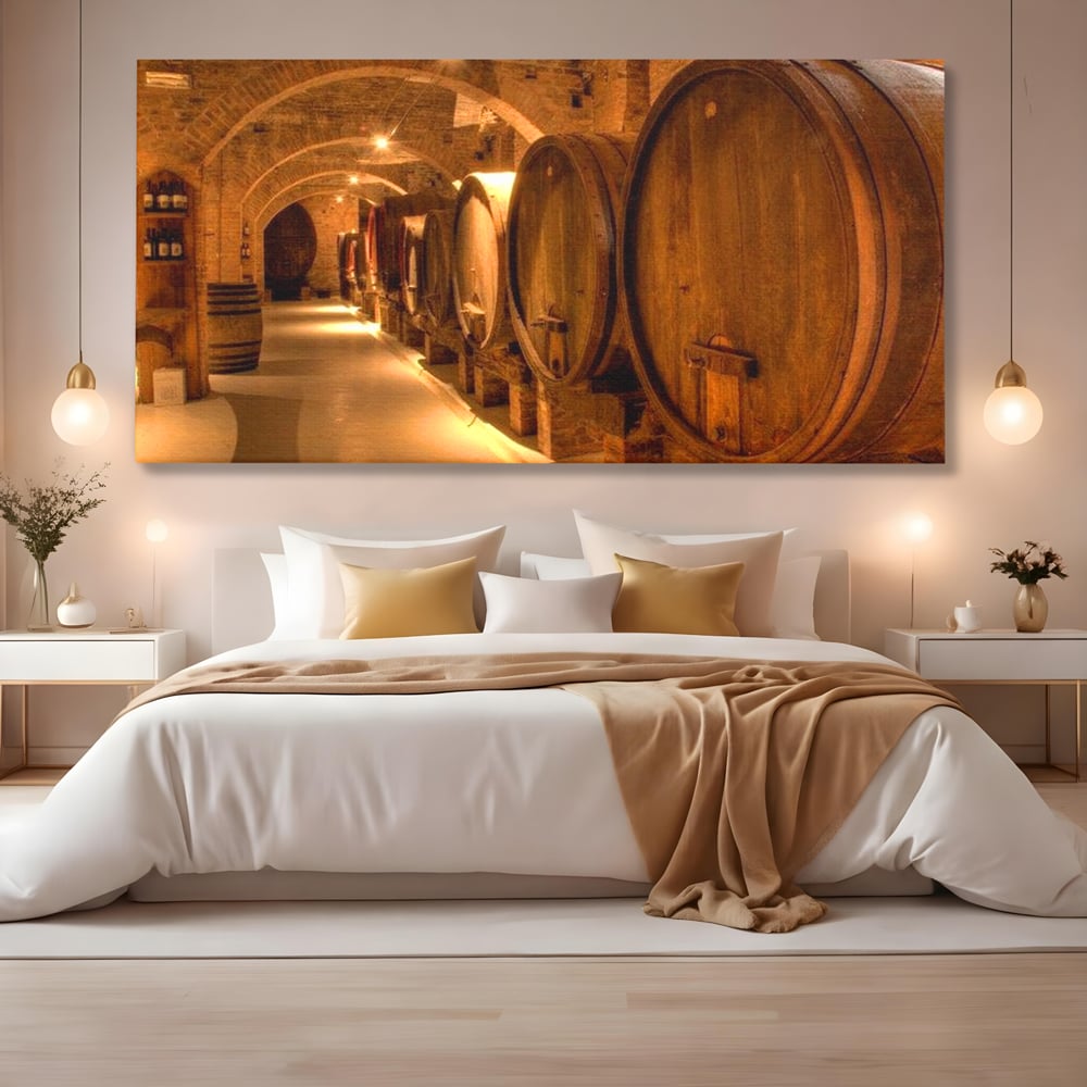 Leinwand Wandkunst Canvas Premium, LuxCanva® N1023, Verborgener Schatz, Keller, Fässer, Holz, Rustikal, Wein, Trinken, Tradition, Weinkeller, Alt, Verkostung, Kneipe, Lounge, Bar, Restaurant, Küche