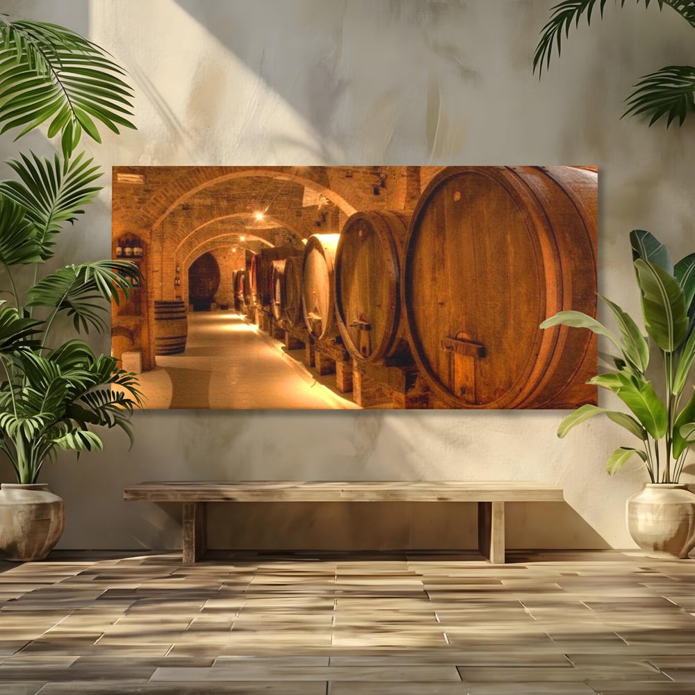 Leinwand Wandkunst Canvas Premium, LuxCanva® N1023, Verborgener Schatz, Keller, Fässer, Holz, Rustikal, Wein, Trinken, Tradition, Weinkeller, Alt, Verkostung, Kneipe, Lounge, Bar, Restaurant, Küche