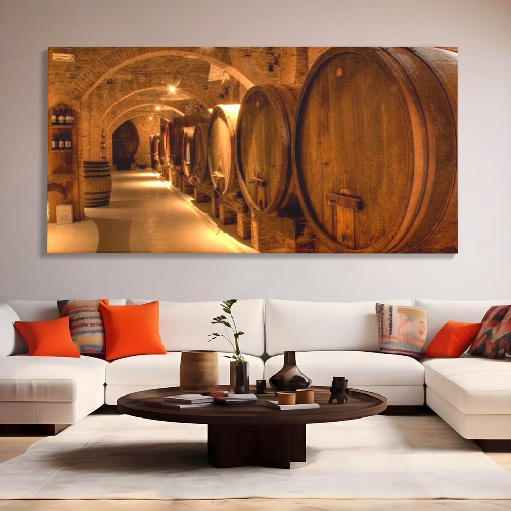 Leinwand Wandkunst Canvas Premium, LuxCanva® N1023, Verborgener Schatz, Keller, Fässer, Holz, Rustikal, Wein, Trinken, Tradition, Weinkeller, Alt, Verkostung, Kneipe, Lounge, Bar, Restaurant, Küche