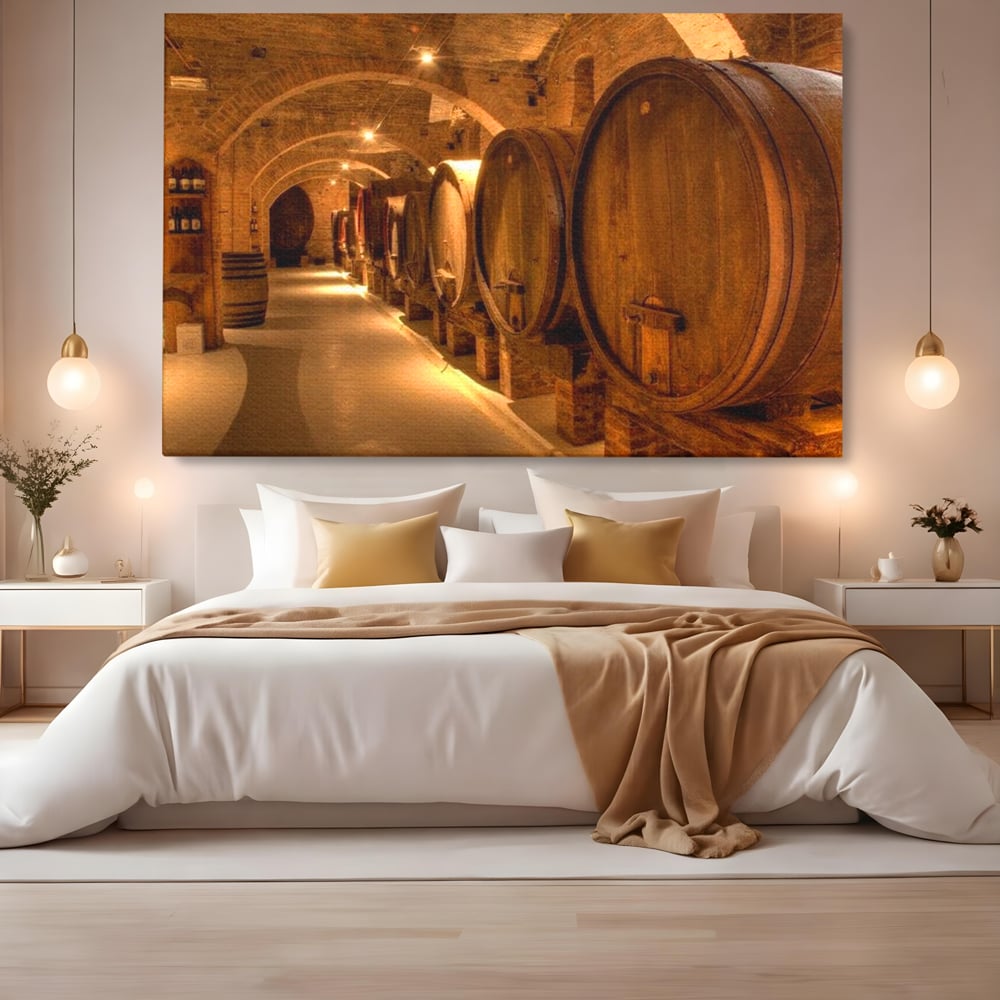 Leinwand Wandkunst Canvas Premium, LuxCanva® N1023, Verborgener Schatz, Keller, Fässer, Holz, Rustikal, Wein, Trinken, Tradition, Weinkeller, Alt, Verkostung, Kneipe, Lounge, Bar, Restaurant, Küche