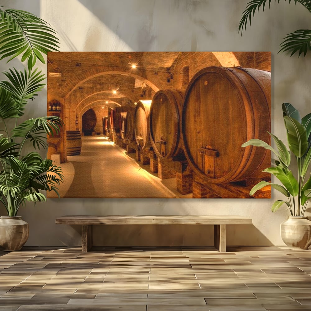 Leinwand Wandkunst Canvas Premium, LuxCanva® N1023, Verborgener Schatz, Keller, Fässer, Holz, Rustikal, Wein, Trinken, Tradition, Weinkeller, Alt, Verkostung, Kneipe, Lounge, Bar, Restaurant, Küche