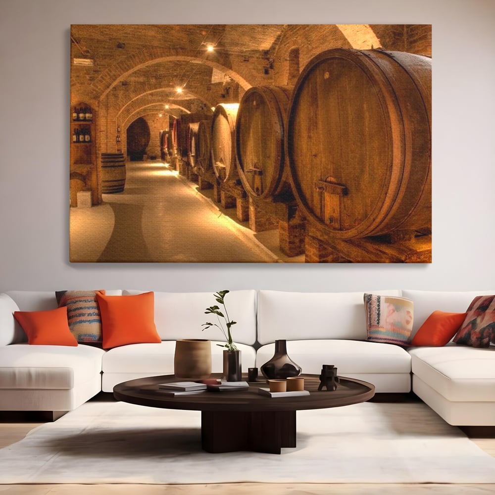 Leinwand Wandkunst Canvas Premium, LuxCanva® N1023, Verborgener Schatz, Keller, Fässer, Holz, Rustikal, Wein, Trinken, Tradition, Weinkeller, Alt, Verkostung, Kneipe, Lounge, Bar, Restaurant, Küche
