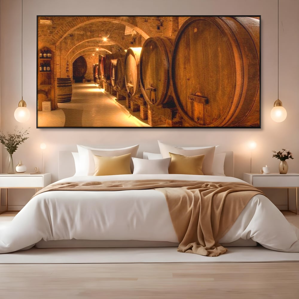Leinwand Wandkunst Canvas Premium, LuxCanva® N1023, Verborgener Schatz, Keller, Fässer, Holz, Rustikal, Wein, Trinken, Tradition, Weinkeller, Alt, Verkostung, Kneipe, Lounge, Bar, Restaurant, Küche