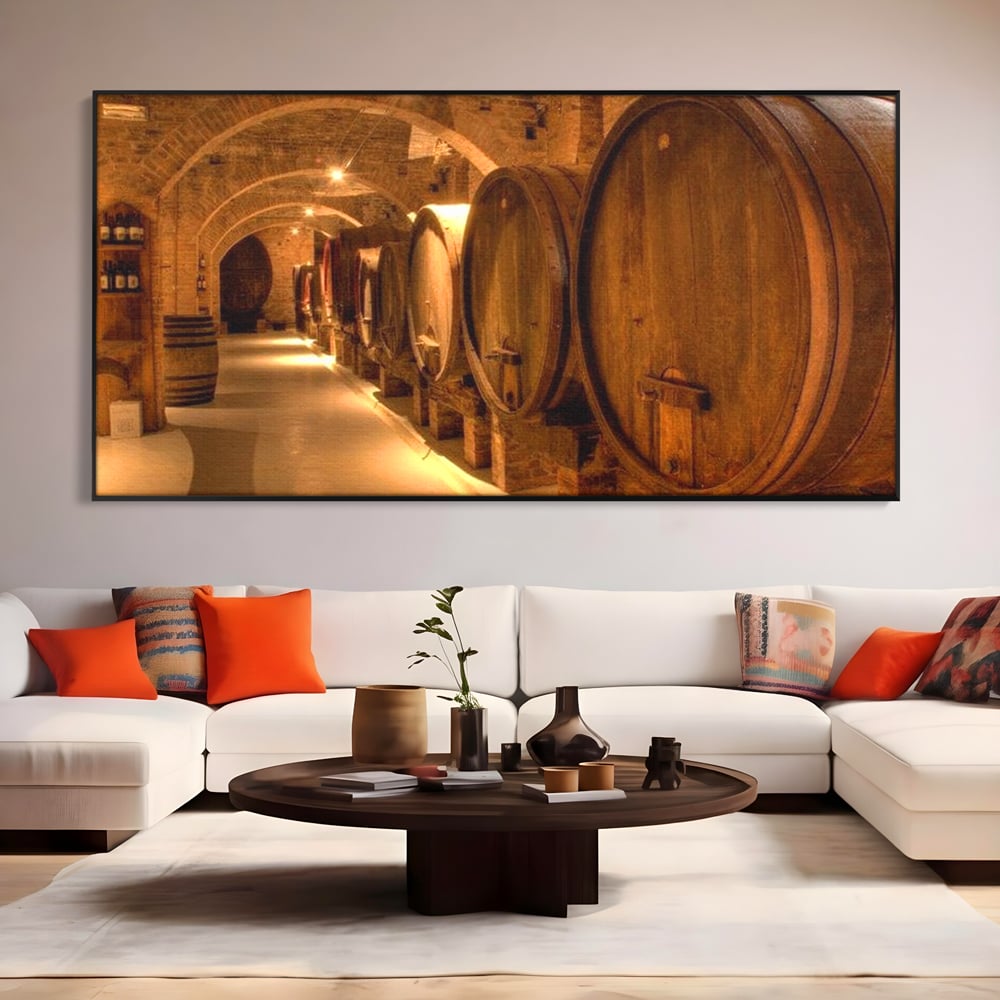 Leinwand Wandkunst Canvas Premium, LuxCanva® N1023, Verborgener Schatz, Keller, Fässer, Holz, Rustikal, Wein, Trinken, Tradition, Weinkeller, Alt, Verkostung, Kneipe, Lounge, Bar, Restaurant, Küche