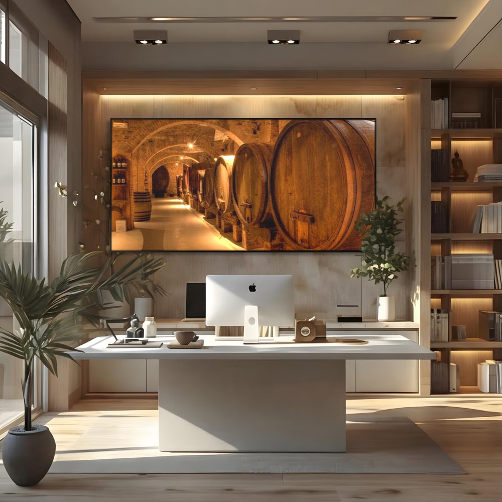 Leinwand Wandkunst Canvas Premium, LuxCanva® N1023, Verborgener Schatz, Keller, Fässer, Holz, Rustikal, Wein, Trinken, Tradition, Weinkeller, Alt, Verkostung, Kneipe, Lounge, Bar, Restaurant, Küche