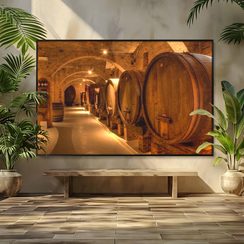 Leinwand Wandkunst Canvas Premium, LuxCanva® N1023, Verborgener Schatz, Keller, Fässer, Holz, Rustikal, Wein, Trinken, Tradition, Weinkeller, Alt, Verkostung, Kneipe, Lounge, Bar, Restaurant, Küche