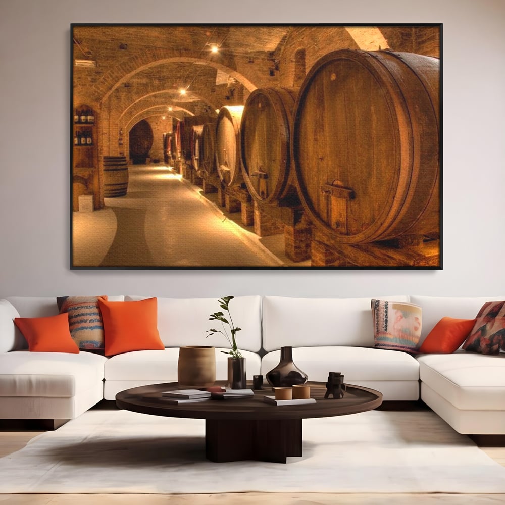 Leinwand Wandkunst Canvas Premium, LuxCanva® N1023, Verborgener Schatz, Keller, Fässer, Holz, Rustikal, Wein, Trinken, Tradition, Weinkeller, Alt, Verkostung, Kneipe, Lounge, Bar, Restaurant, Küche