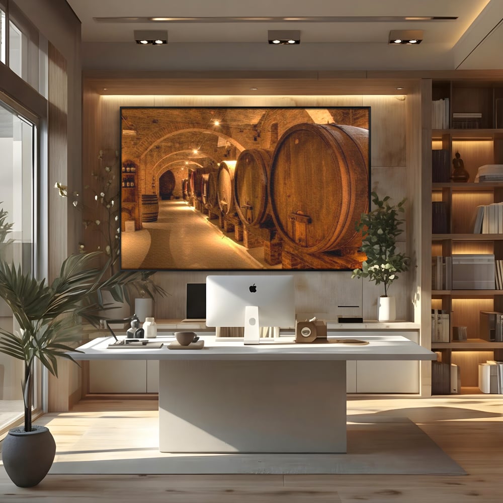 Leinwand Wandkunst Canvas Premium, LuxCanva® N1023, Verborgener Schatz, Keller, Fässer, Holz, Rustikal, Wein, Trinken, Tradition, Weinkeller, Alt, Verkostung, Kneipe, Lounge, Bar, Restaurant, Küche