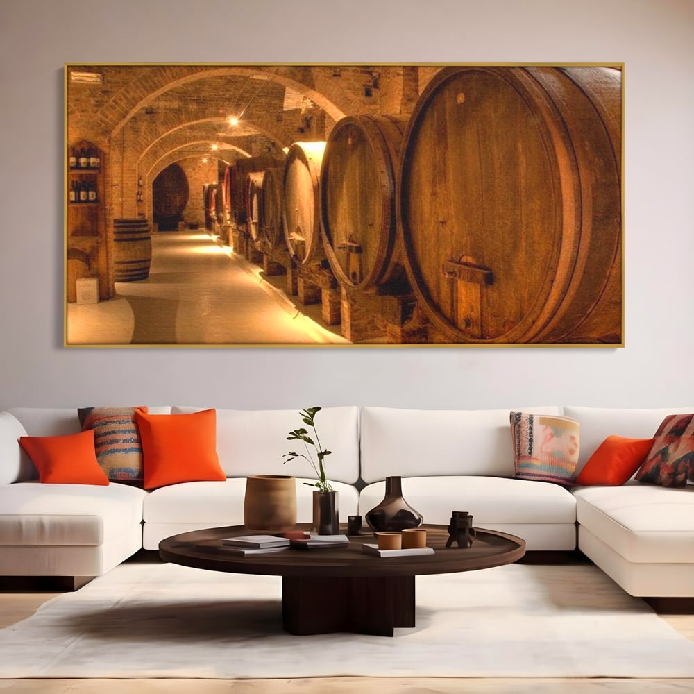 Leinwand Wandkunst Canvas Premium, LuxCanva® N1023, Verborgener Schatz, Keller, Fässer, Holz, Rustikal, Wein, Trinken, Tradition, Weinkeller, Alt, Verkostung, Kneipe, Lounge, Bar, Restaurant, Küche