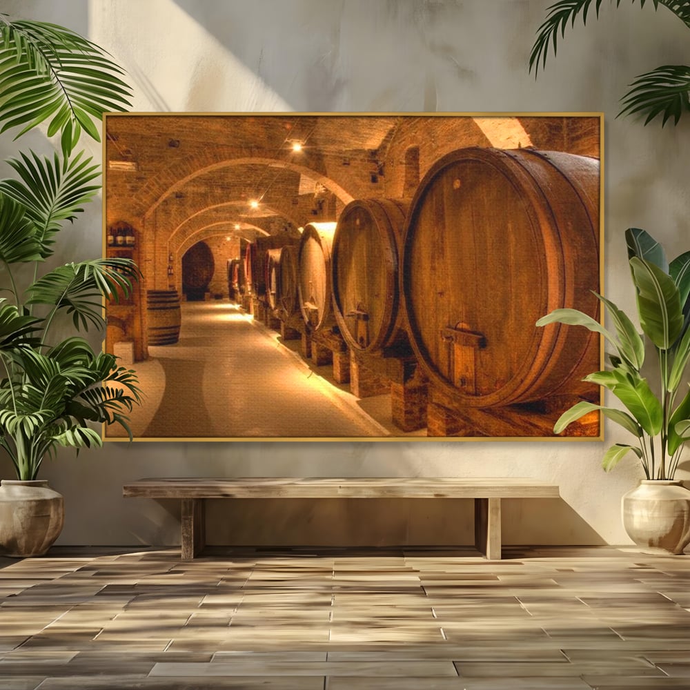 Leinwand Wandkunst Canvas Premium, LuxCanva® N1023, Verborgener Schatz, Keller, Fässer, Holz, Rustikal, Wein, Trinken, Tradition, Weinkeller, Alt, Verkostung, Kneipe, Lounge, Bar, Restaurant, Küche