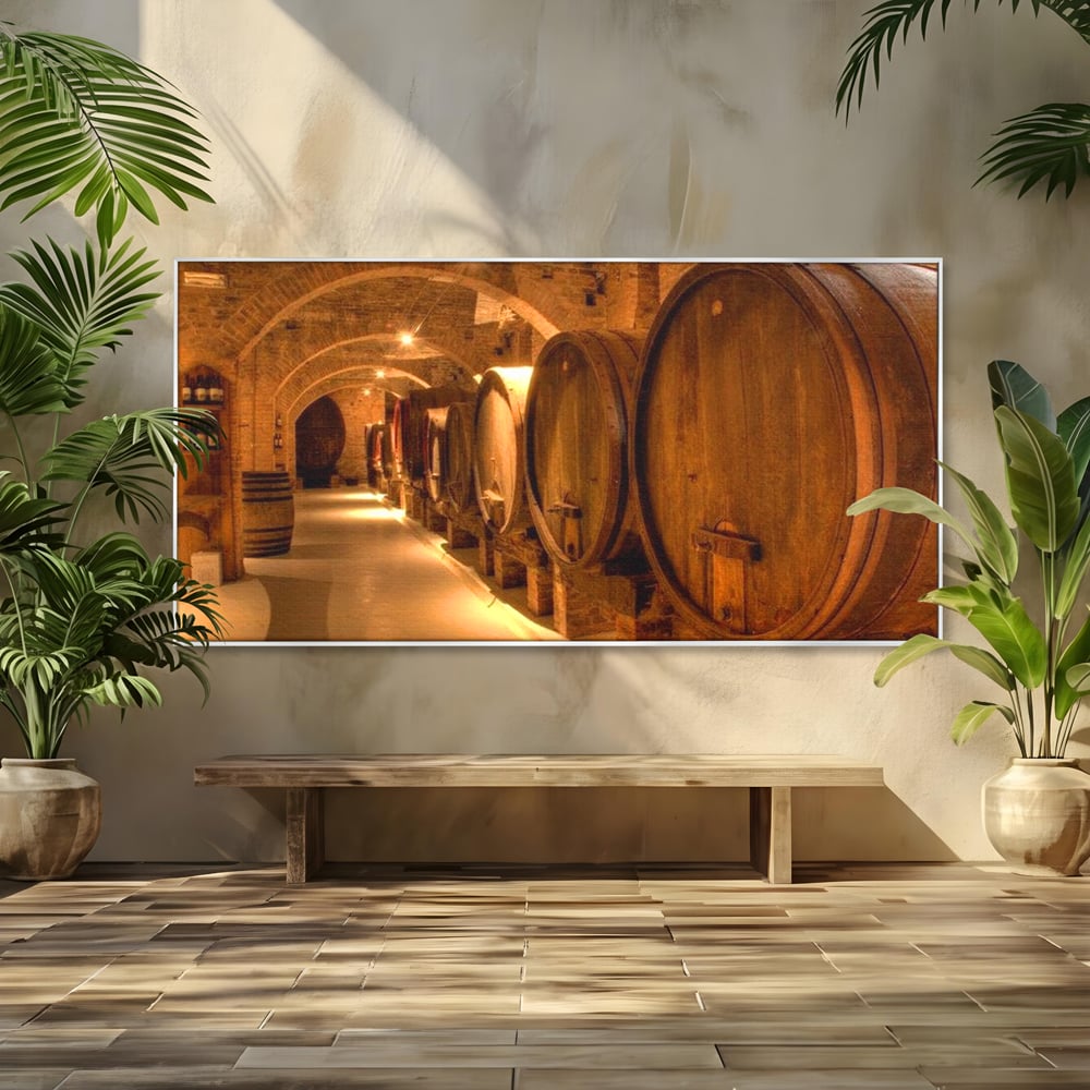 Leinwand Wandkunst Canvas Premium, LuxCanva® N1023, Verborgener Schatz, Keller, Fässer, Holz, Rustikal, Wein, Trinken, Tradition, Weinkeller, Alt, Verkostung, Kneipe, Lounge, Bar, Restaurant, Küche
