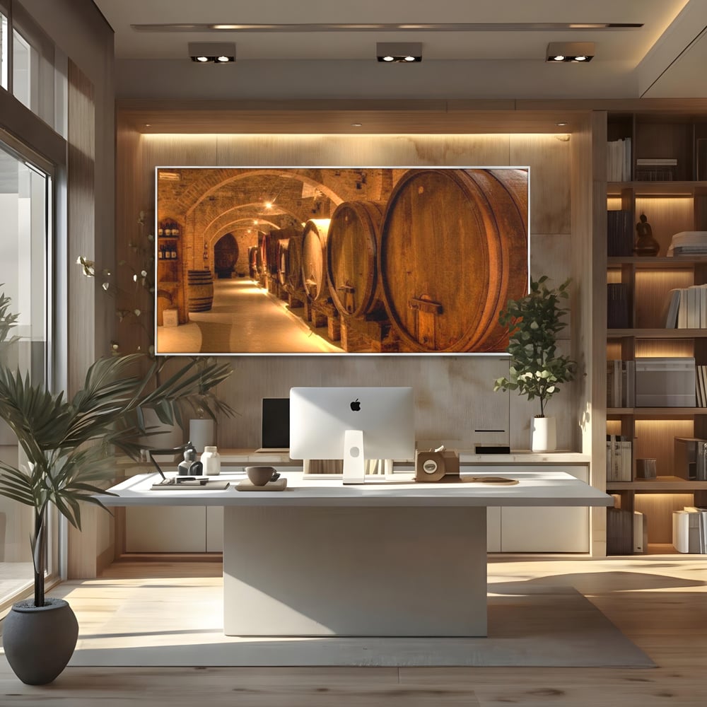 Leinwand Wandkunst Canvas Premium, LuxCanva® N1023, Verborgener Schatz, Keller, Fässer, Holz, Rustikal, Wein, Trinken, Tradition, Weinkeller, Alt, Verkostung, Kneipe, Lounge, Bar, Restaurant, Küche
