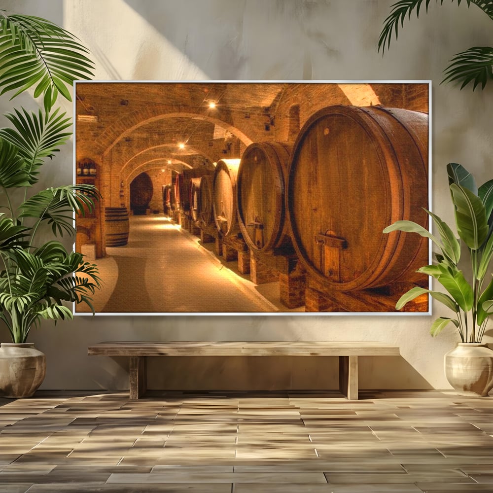 Leinwand Wandkunst Canvas Premium, LuxCanva® N1023, Verborgener Schatz, Keller, Fässer, Holz, Rustikal, Wein, Trinken, Tradition, Weinkeller, Alt, Verkostung, Kneipe, Lounge, Bar, Restaurant, Küche