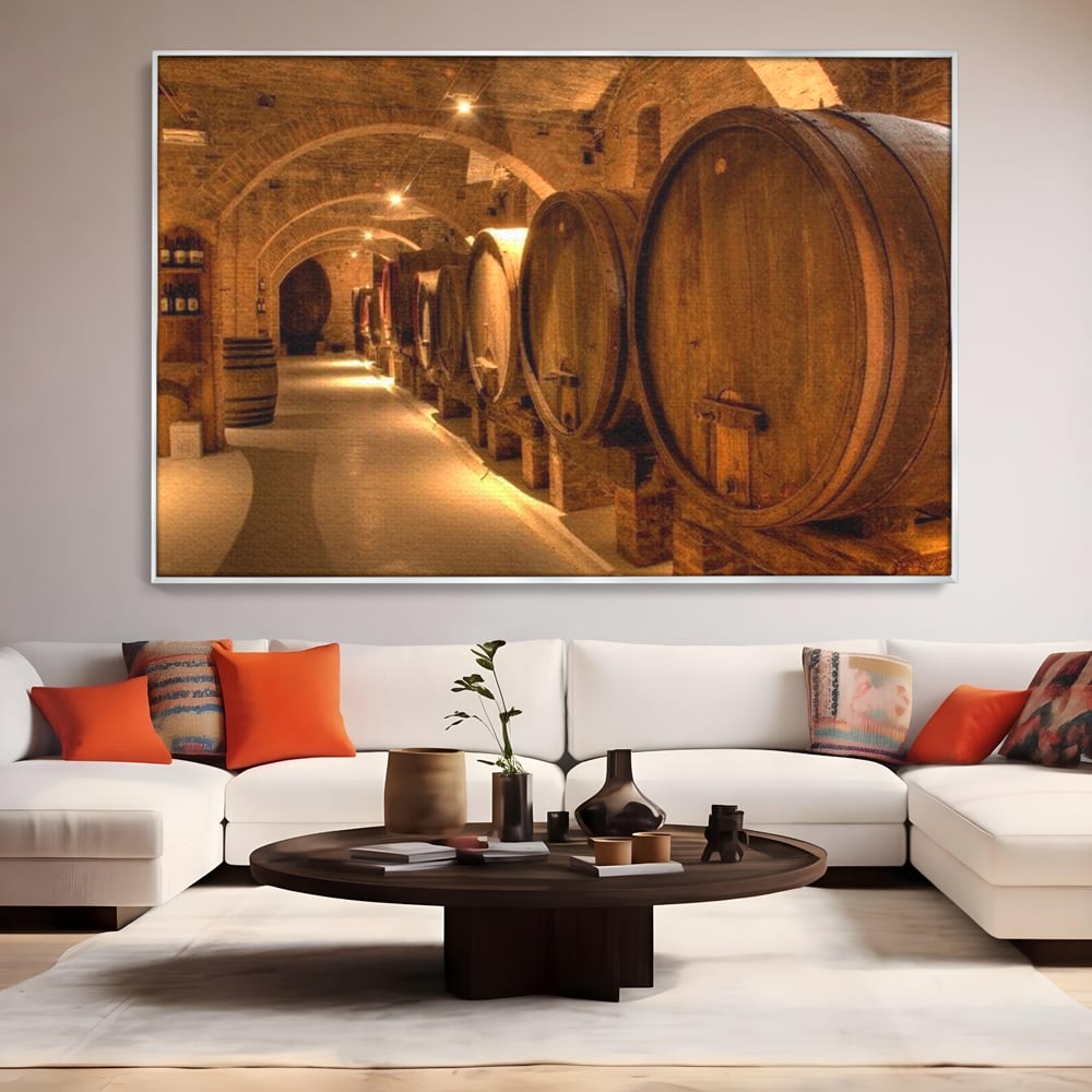 Leinwand Wandkunst Canvas Premium, LuxCanva® N1023, Verborgener Schatz, Keller, Fässer, Holz, Rustikal, Wein, Trinken, Tradition, Weinkeller, Alt, Verkostung, Kneipe, Lounge, Bar, Restaurant, Küche