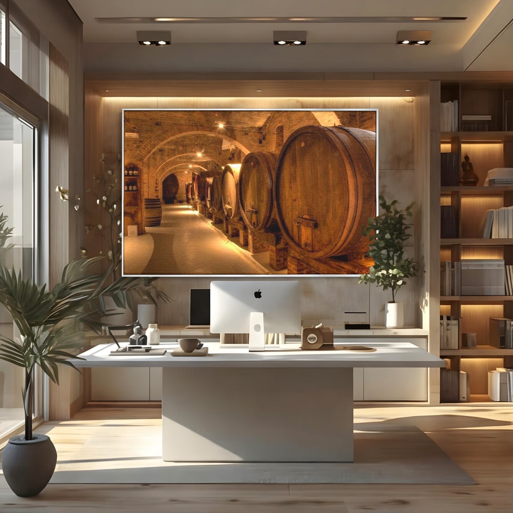 Leinwand Wandkunst Canvas Premium, LuxCanva® N1023, Verborgener Schatz, Keller, Fässer, Holz, Rustikal, Wein, Trinken, Tradition, Weinkeller, Alt, Verkostung, Kneipe, Lounge, Bar, Restaurant, Küche