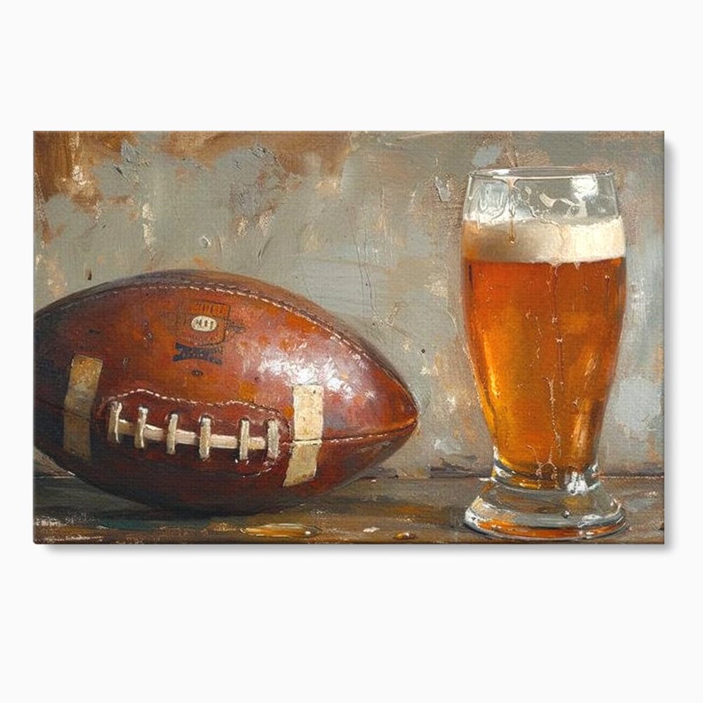 Leinwand Premium Canvas Wandkunst, LuxCanva® N1024, Getränk der Champions, Fußball, Amerikanisch, Ball, Bier, Glas, Schaum, Sport, Spiel, Entspannung, Entspannung, Sieg, Rustikal, Kneipe, Bar, Restaurant, Küche