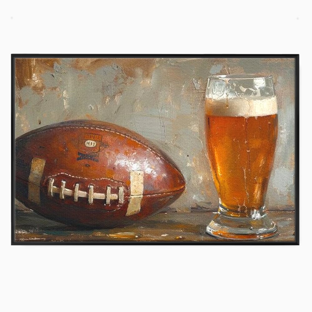 Leinwand Premium Canvas Wandkunst, LuxCanva® N1024, Getränk der Champions, Fußball, Amerikanisch, Ball, Bier, Glas, Schaum, Sport, Spiel, Entspannung, Entspannung, Sieg, Rustikal, Kneipe, Bar, Restaurant, Küche
