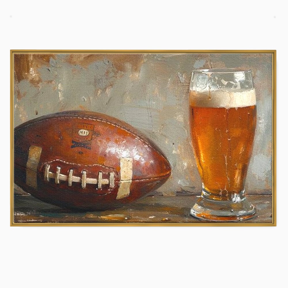 Leinwand Premium Canvas Wandkunst, LuxCanva® N1024, Getränk der Champions, Fußball, Amerikanisch, Ball, Bier, Glas, Schaum, Sport, Spiel, Entspannung, Entspannung, Sieg, Rustikal, Kneipe, Bar, Restaurant, Küche