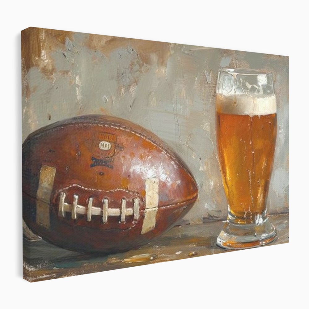 Leinwand Premium Canvas Wandkunst, LuxCanva® N1024, Getränk der Champions, Fußball, Amerikanisch, Ball, Bier, Glas, Schaum, Sport, Spiel, Entspannung, Entspannung, Sieg, Rustikal, Kneipe, Bar, Restaurant, Küche
