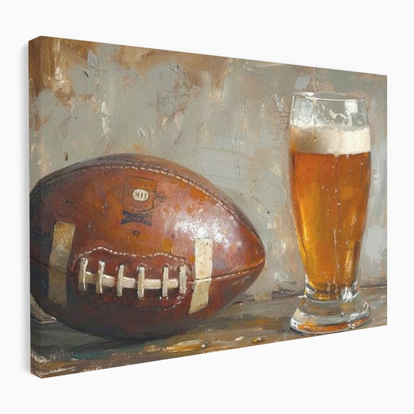 Leinwand Premium Canvas Wandkunst, LuxCanva® N1024, Getränk der Champions, Fußball, Amerikanisch, Ball, Bier, Glas, Schaum, Sport, Spiel, Entspannung, Entspannung, Sieg, Rustikal, Kneipe, Bar, Restaurant, Küche