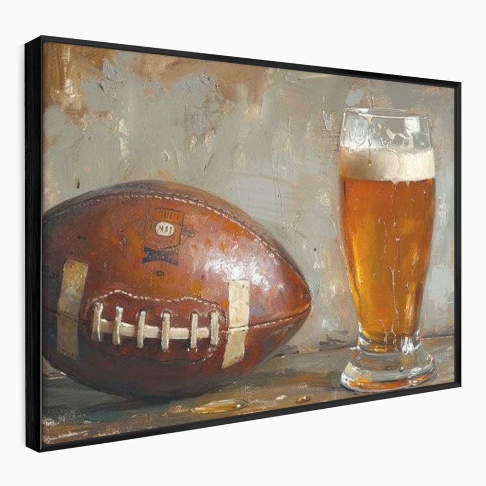 Leinwand Premium Canvas Wandkunst, LuxCanva® N1024, Getränk der Champions, Fußball, Amerikanisch, Ball, Bier, Glas, Schaum, Sport, Spiel, Entspannung, Entspannung, Sieg, Rustikal, Kneipe, Bar, Restaurant, Küche