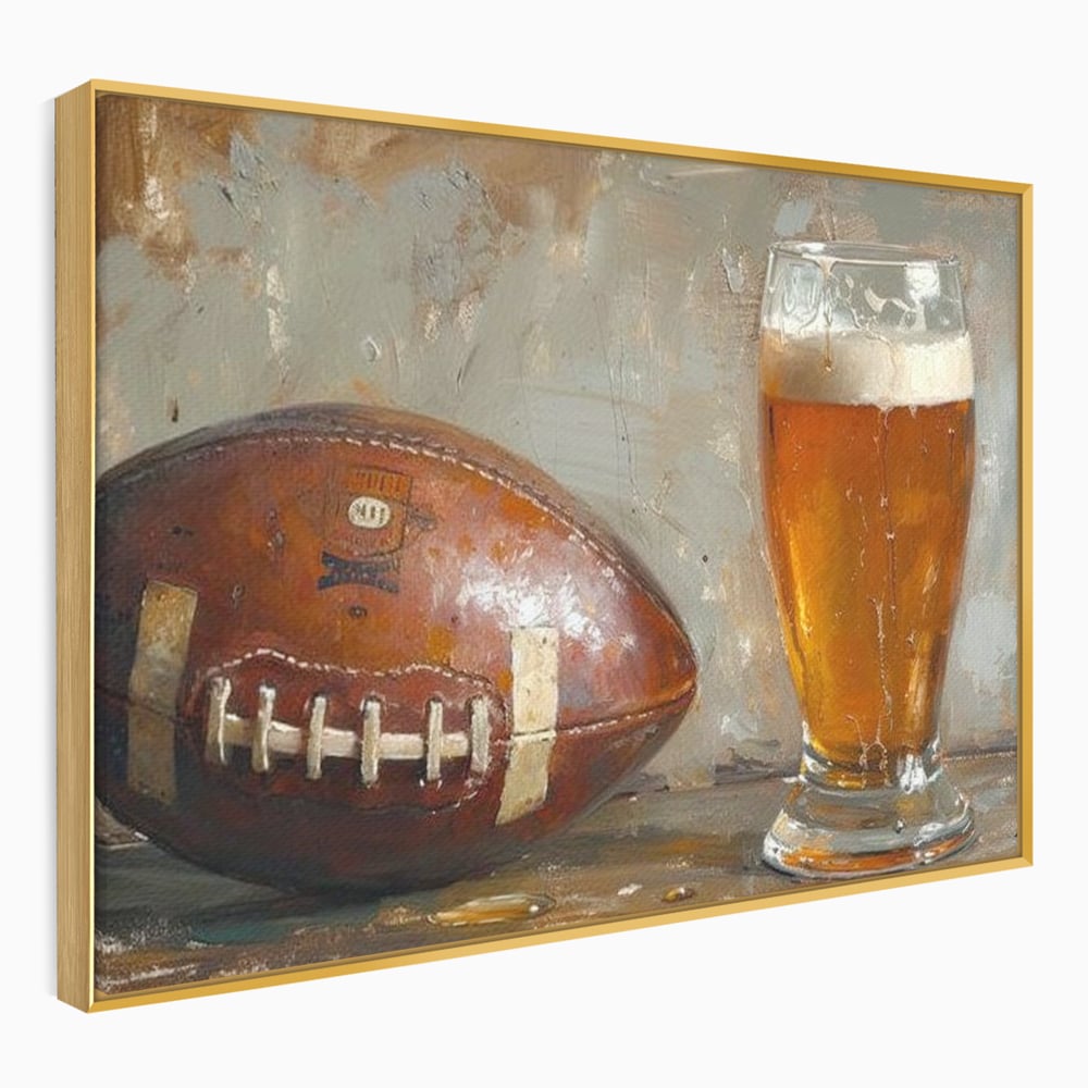Leinwand Premium Canvas Wandkunst, LuxCanva® N1024, Getränk der Champions, Fußball, Amerikanisch, Ball, Bier, Glas, Schaum, Sport, Spiel, Entspannung, Entspannung, Sieg, Rustikal, Kneipe, Bar, Restaurant, Küche