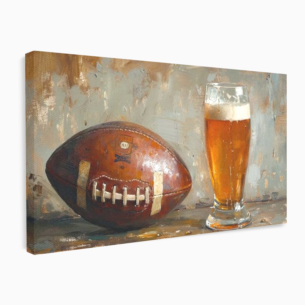 Leinwand Premium Canvas Wandkunst, LuxCanva® N1024, Getränk der Champions, Fußball, Amerikanisch, Ball, Bier, Glas, Schaum, Sport, Spiel, Entspannung, Entspannung, Sieg, Rustikal, Kneipe, Bar, Restaurant, Küche