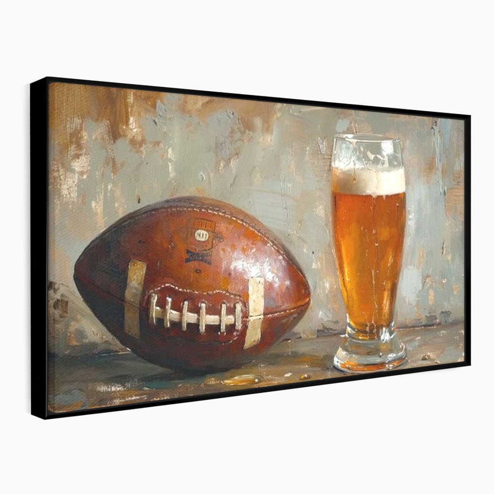 Leinwand Premium Canvas Wandkunst, LuxCanva® N1024, Getränk der Champions, Fußball, Amerikanisch, Ball, Bier, Glas, Schaum, Sport, Spiel, Entspannung, Entspannung, Sieg, Rustikal, Kneipe, Bar, Restaurant, Küche
