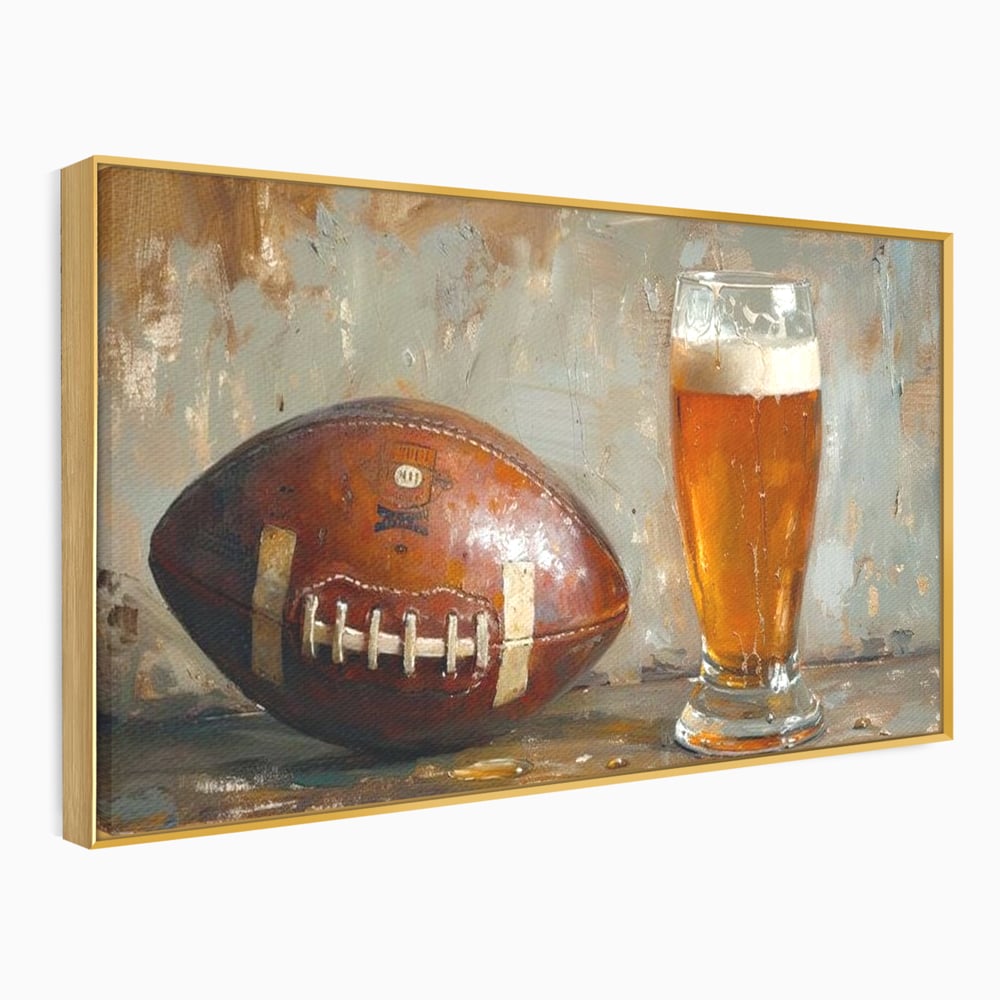 Leinwand Premium Canvas Wandkunst, LuxCanva® N1024, Getränk der Champions, Fußball, Amerikanisch, Ball, Bier, Glas, Schaum, Sport, Spiel, Entspannung, Entspannung, Sieg, Rustikal, Kneipe, Bar, Restaurant, Küche