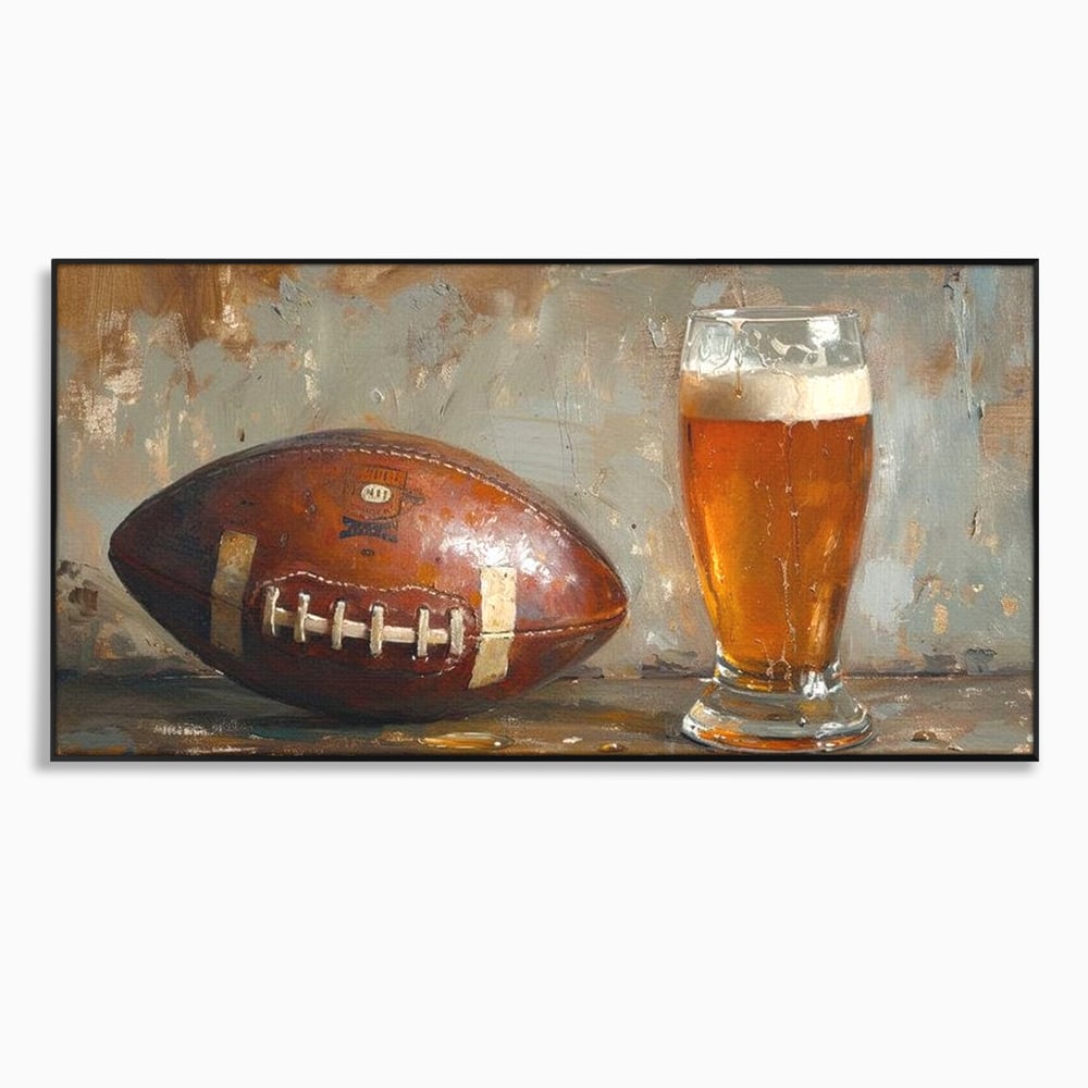 Leinwand Premium Canvas Wandkunst, LuxCanva® N1024, Getränk der Champions, Fußball, Amerikanisch, Ball, Bier, Glas, Schaum, Sport, Spiel, Entspannung, Entspannung, Sieg, Rustikal, Kneipe, Bar, Restaurant, Küche