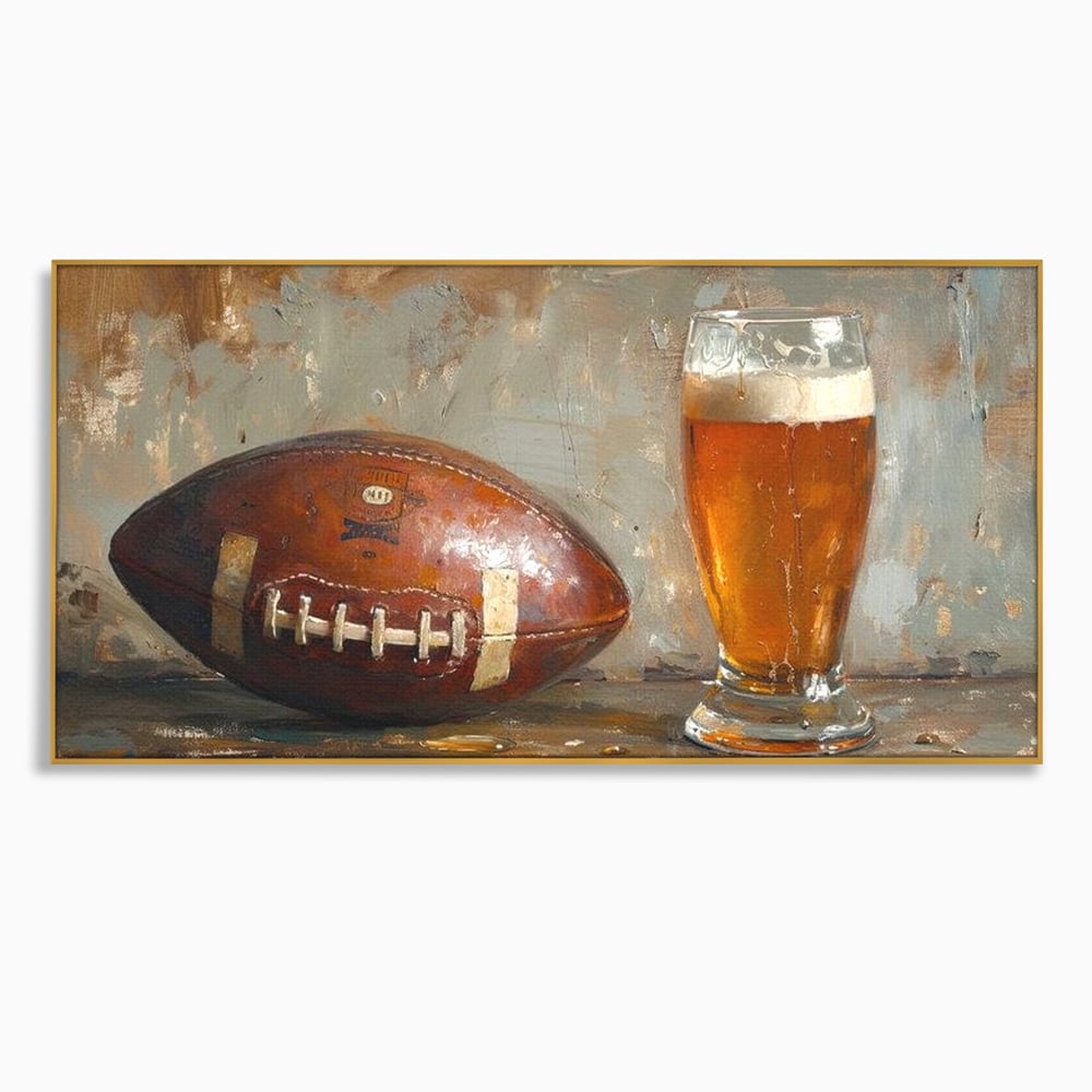 Leinwand Premium Canvas Wandkunst, LuxCanva® N1024, Getränk der Champions, Fußball, Amerikanisch, Ball, Bier, Glas, Schaum, Sport, Spiel, Entspannung, Entspannung, Sieg, Rustikal, Kneipe, Bar, Restaurant, Küche